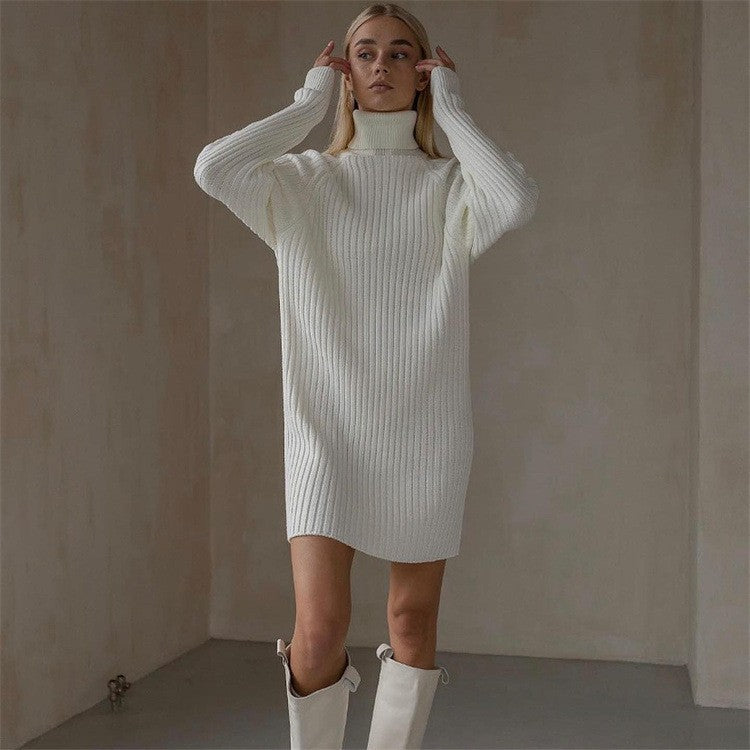 Damen Strickkleid mit hohem Kragen und großen Ärmeln WW