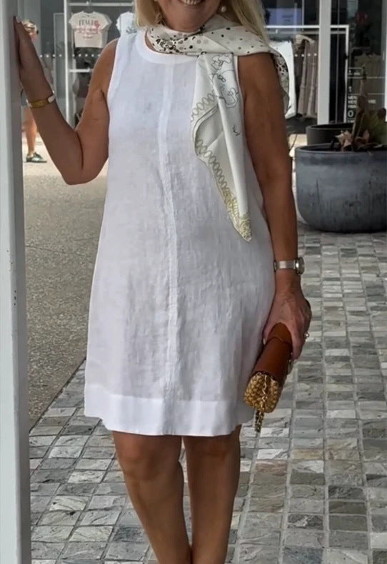 Damen Sommerkleid aus leichtem Leinenstoff mit modischem Halstuch WW