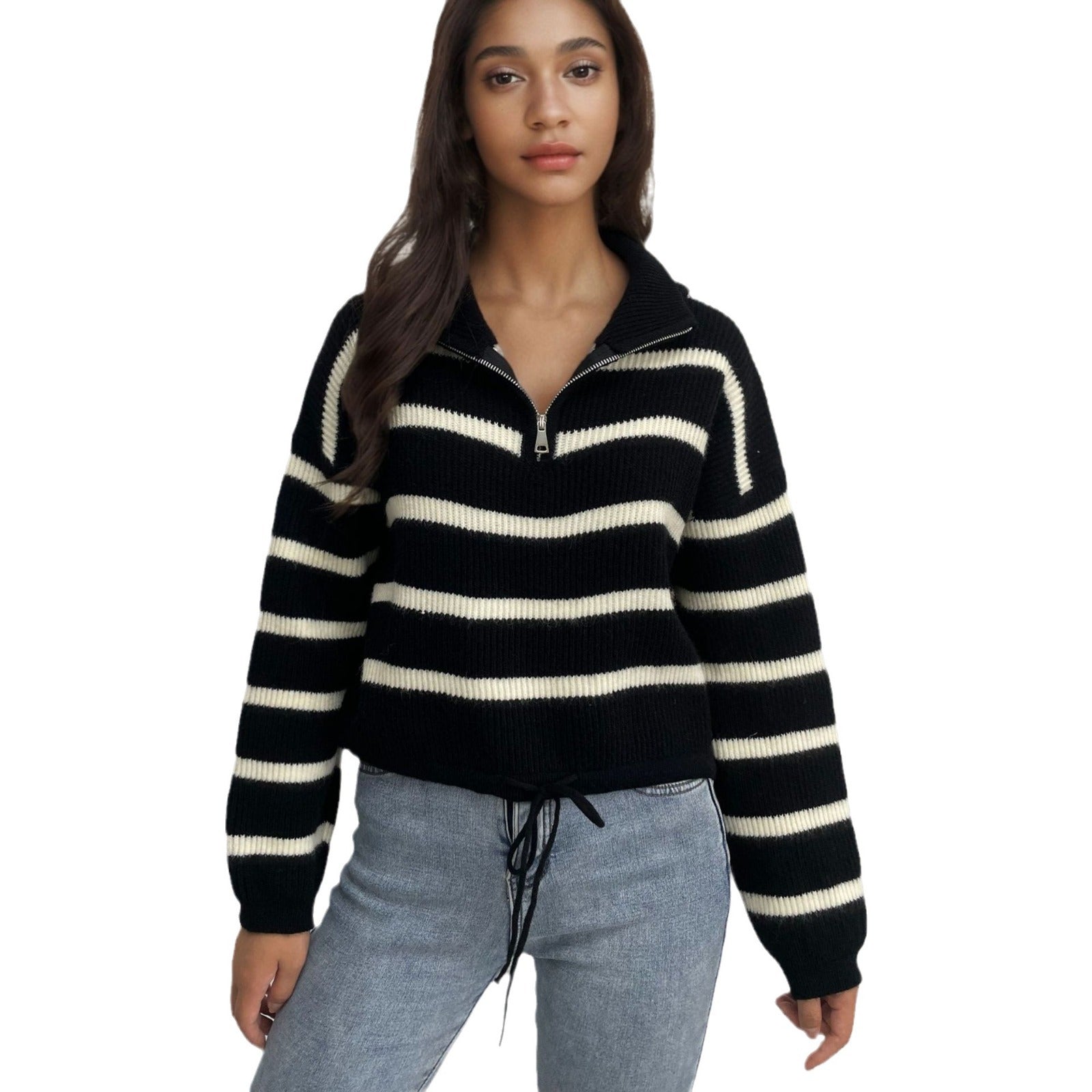 Damen Strickpullover mit Stehkragen und Kordelzug WW
