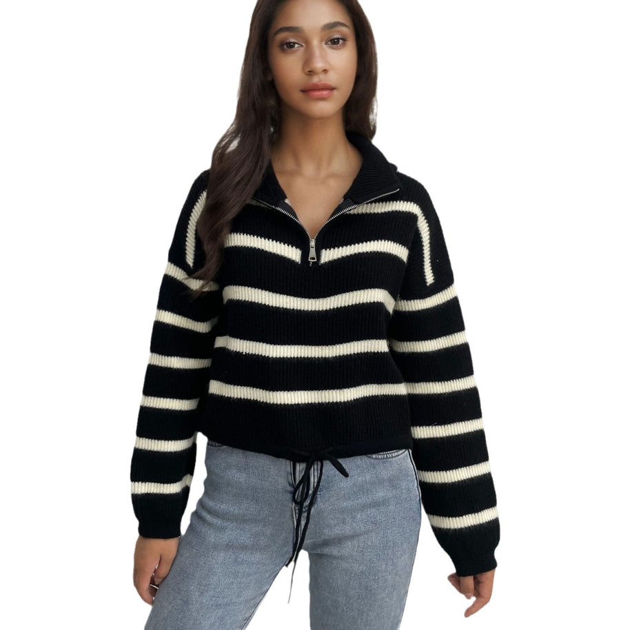 Damen Strickpullover mit Stehkragen und Kordelzug WW