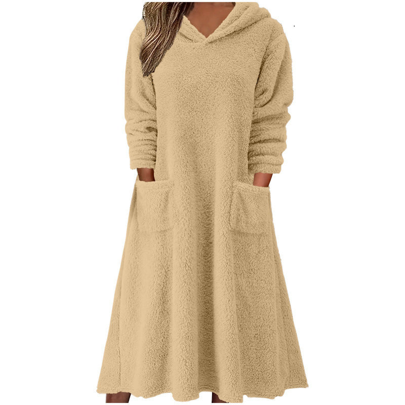 Damen Kuscheliger Fleece-Kleid mit Kapuze und praktischen Taschen WW