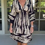 Damen romantisches V-Ausschnitt Kleid mit weiten Ärmeln und floralem Design WW