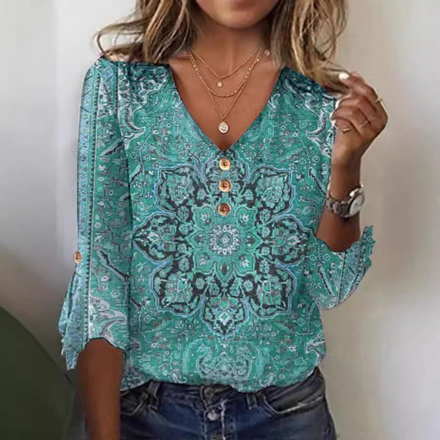 Damen Bohemian bedruckte V-Ausschnitt Bluse mit Knopfdetails WW