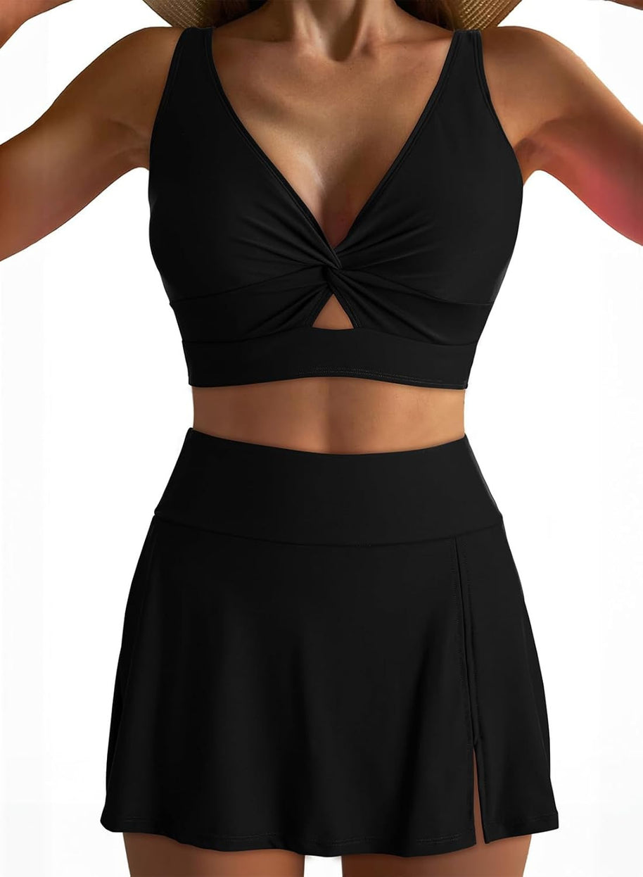Damen Sportliches Bikini-Set mit modischem Wickeltop und schickem Rock WW