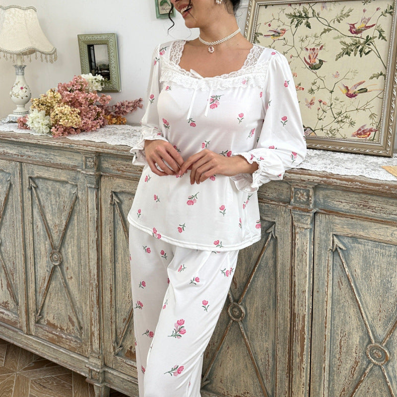 WOLFF | Tulpen Spitzen Glockenärmel Lange Hosen Pyjama Set