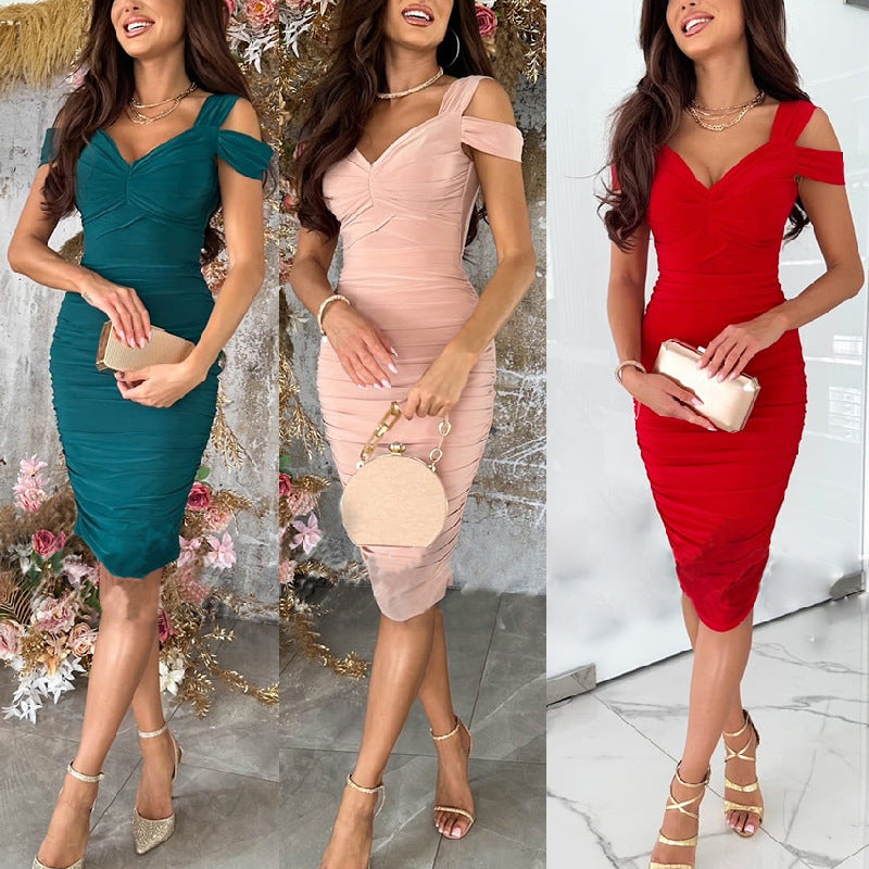 Damen Bodycon-Kleid mit asymmetrischem Ausschnitt und Rüschendetails WW