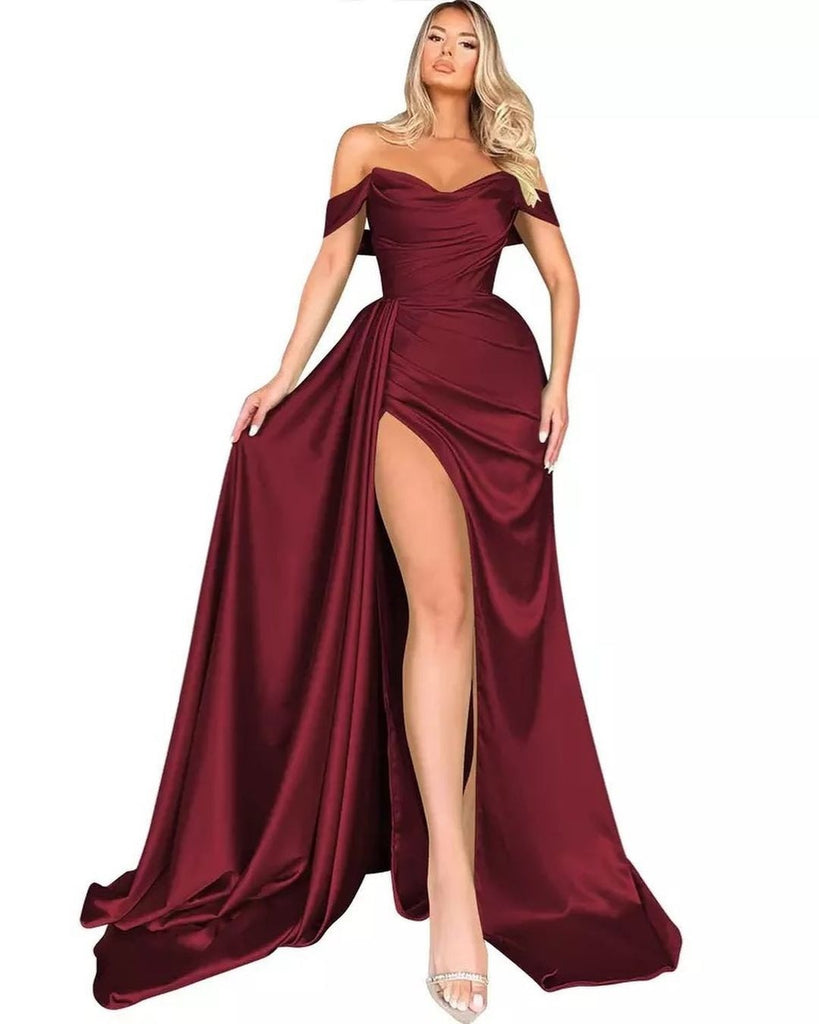 Damen Off-Shoulder Abendkleid mit hohem Beinschlitz und voluminösem Rock WW