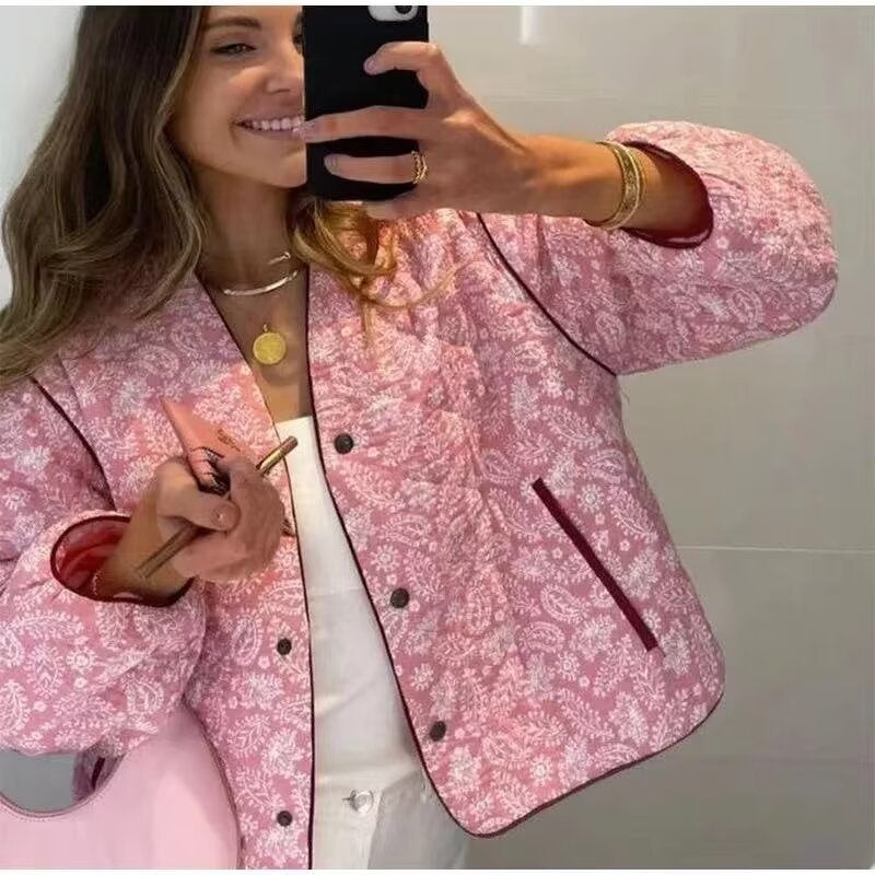Damen gesteppte Jacke mit floralem Design und praktischen Taschen WW
