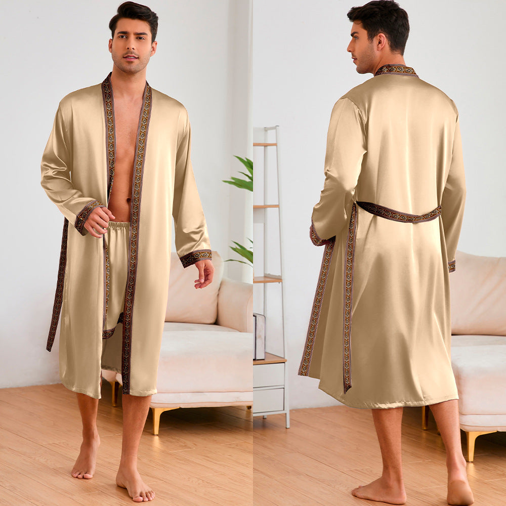Herren Satin Morgenmantel mit stilvollem Schalkragen und seitlichen Taschen WW