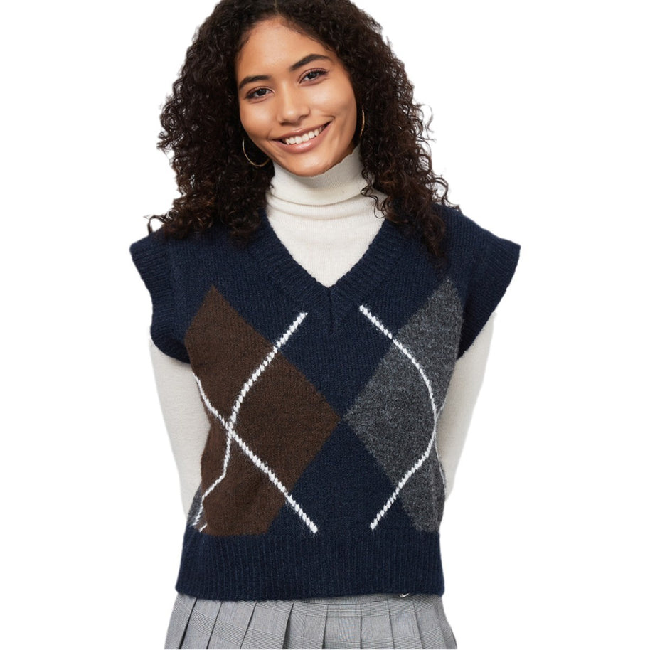 Damen Strickpullover mit modernem Rautenmuster WW