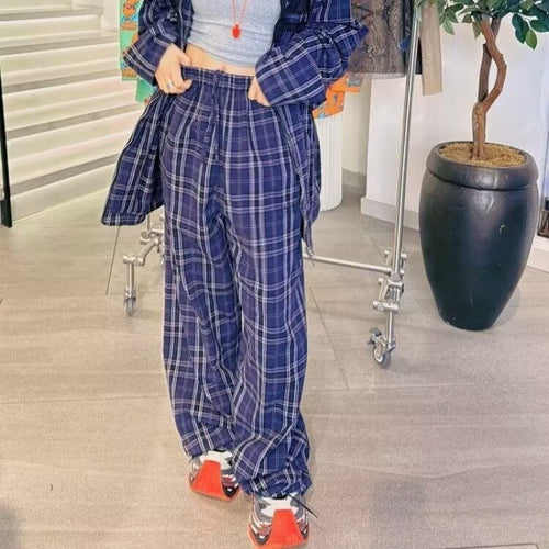 Damen bequeme Karohose mit elastischem Bund und weitem Bein WW