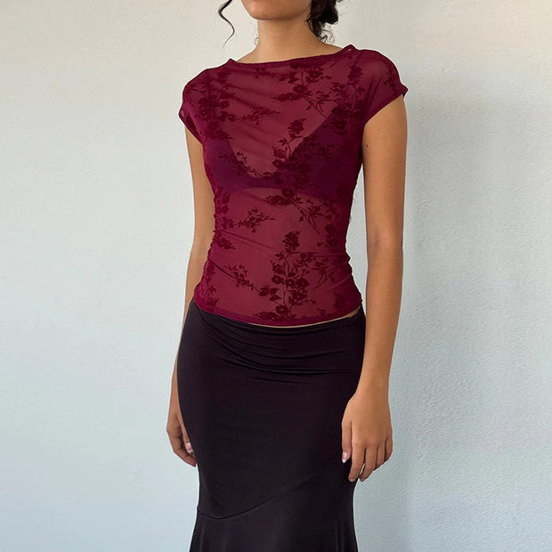 Damen Spitzenoberteil mit floralem Muster und transparenter Gestaltung W&W