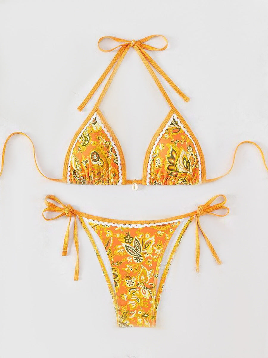 Damen Triangel-Bikini-Set mit verspieltem Blumenmuster und verstellbaren Bindebändern WW