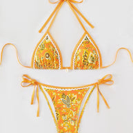Damen Triangel-Bikini-Set mit verspieltem Blumenmuster und verstellbaren Bindebändern WW
