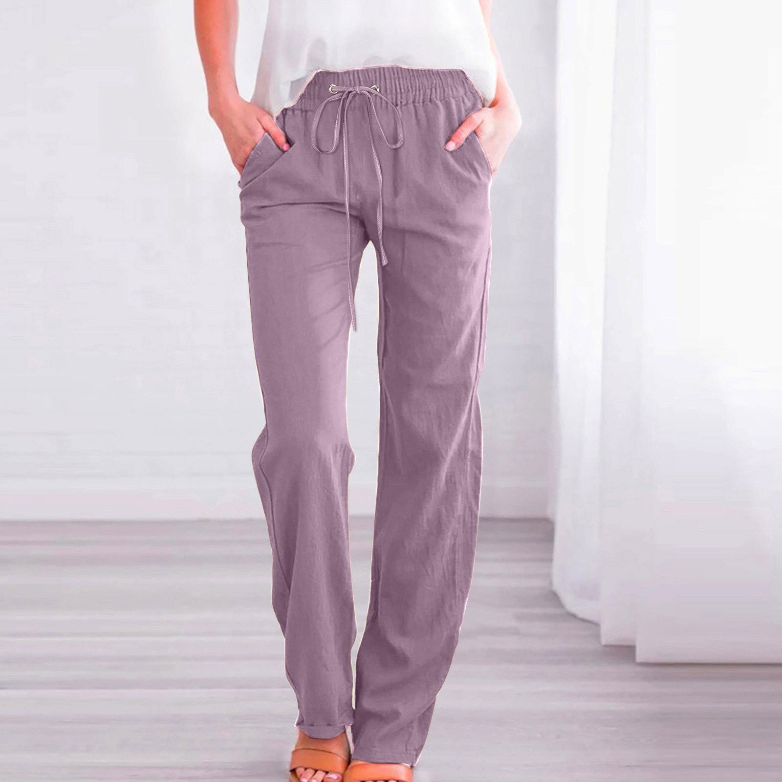 Damen Bequeme Leinen-Hose mit elastischem Bund und Taschen WW