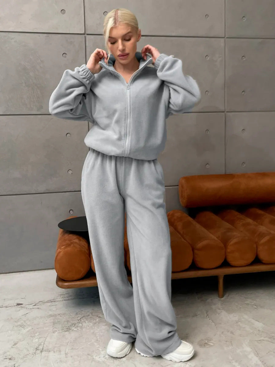 Damen bequemer Fleece-Jogginganzug mit hochschließendem Reißverschluss und weitem Schnitt WW