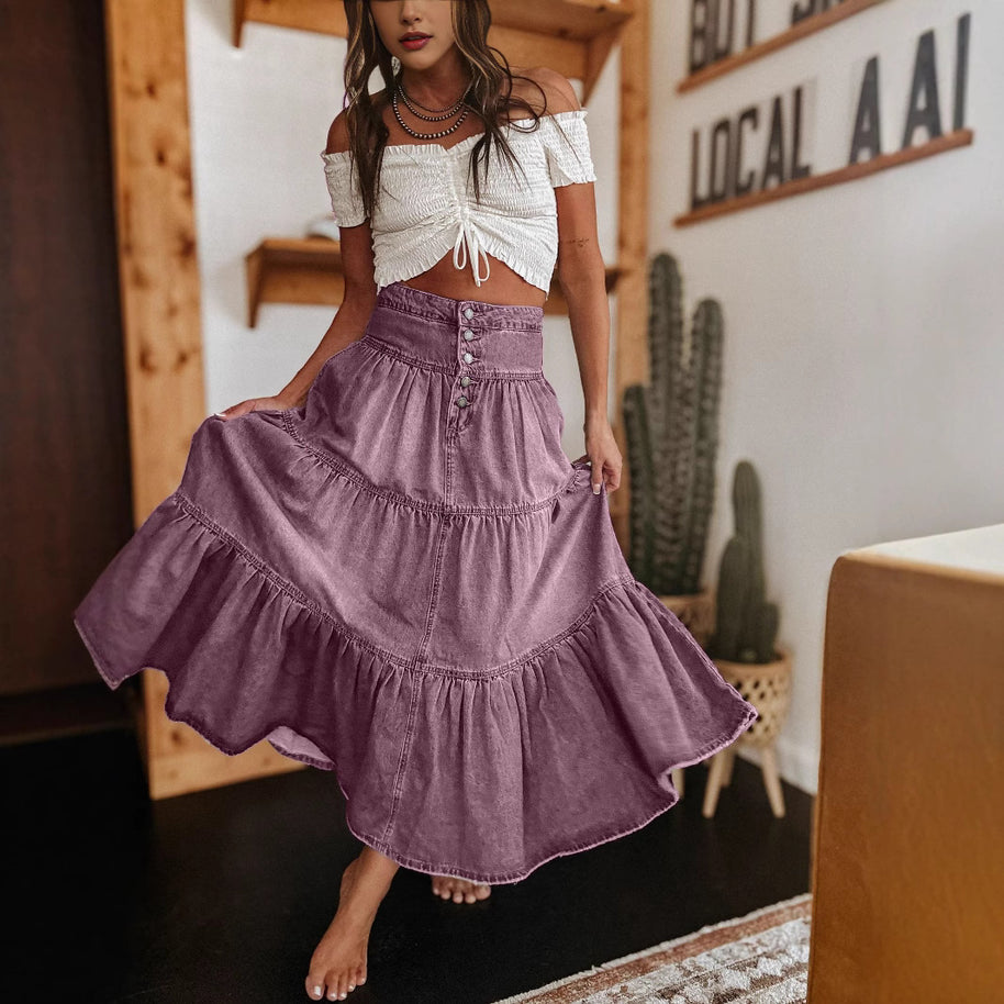 Damen Baumwollrock mit voluminösem Stufen-Design und modischem Knopfdetail WW