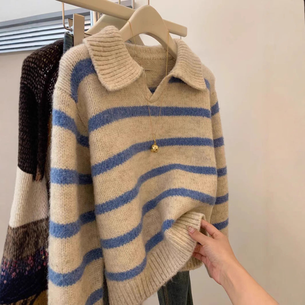 Damen Strickpullover mit V-Ausschnitt und strukturiertem Streifenmuster WW