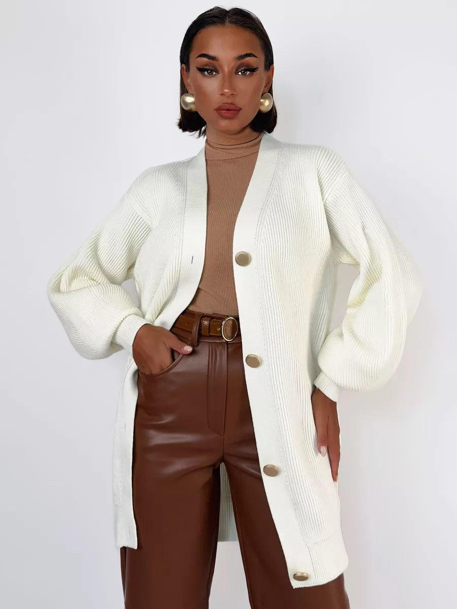 Damen Strickjacke mit Puffärmeln und Knopfdétails WW