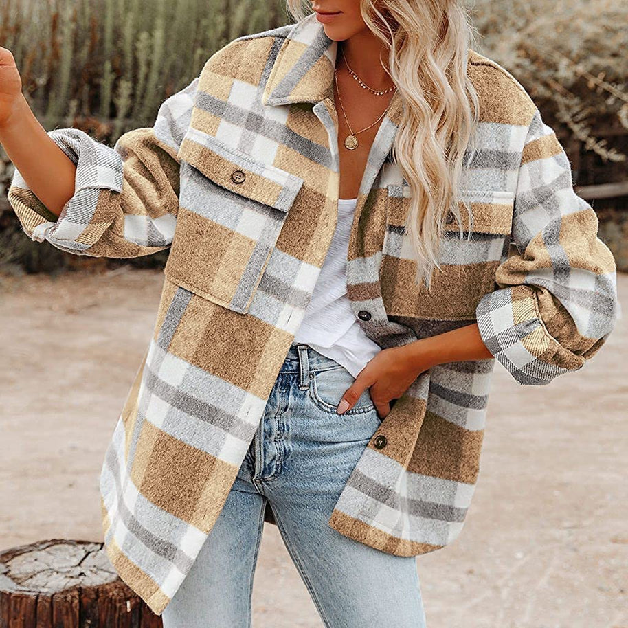 Damen karierte Flanelljacke mit lässigem Schnitt und aufgesetzten Taschen WW
