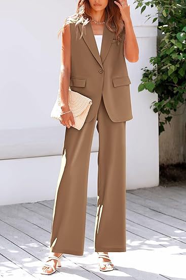 Damen ärmelloses Blazer-Set mit weit geschnittenen Hosen WW