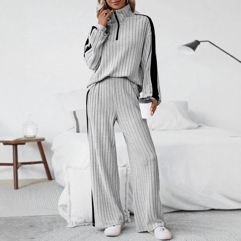 Damen bequemer Loungewear-Set mit strukturiertem Stoff und Halbzip WW