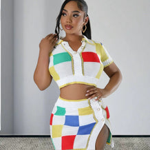 Damen Set aus modischem Crop-Top und figurbetonendem Rock mit Knopfdetails WW