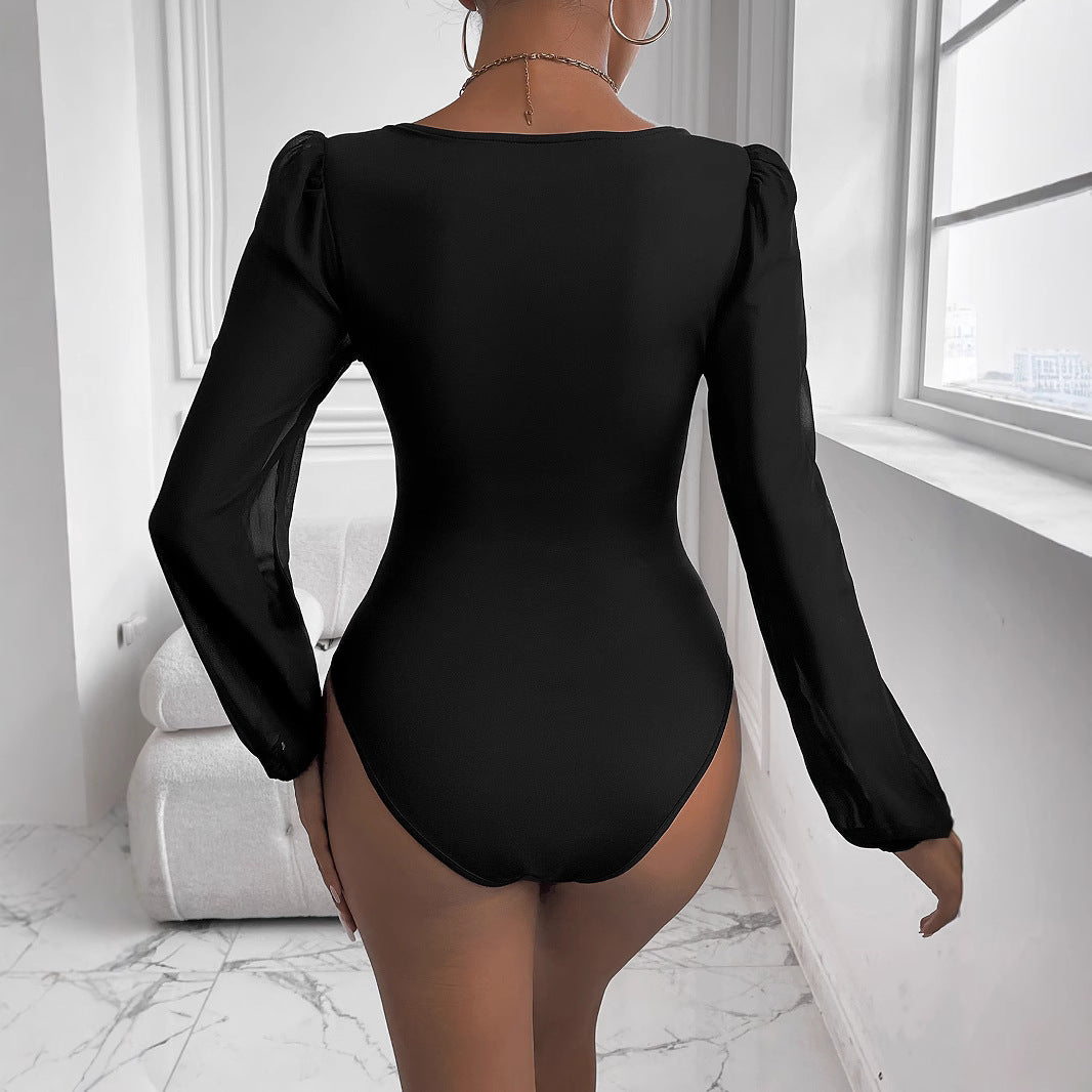 Damen Body mit tiefem V-Ausschnitt und transparenten Puffärmeln WW