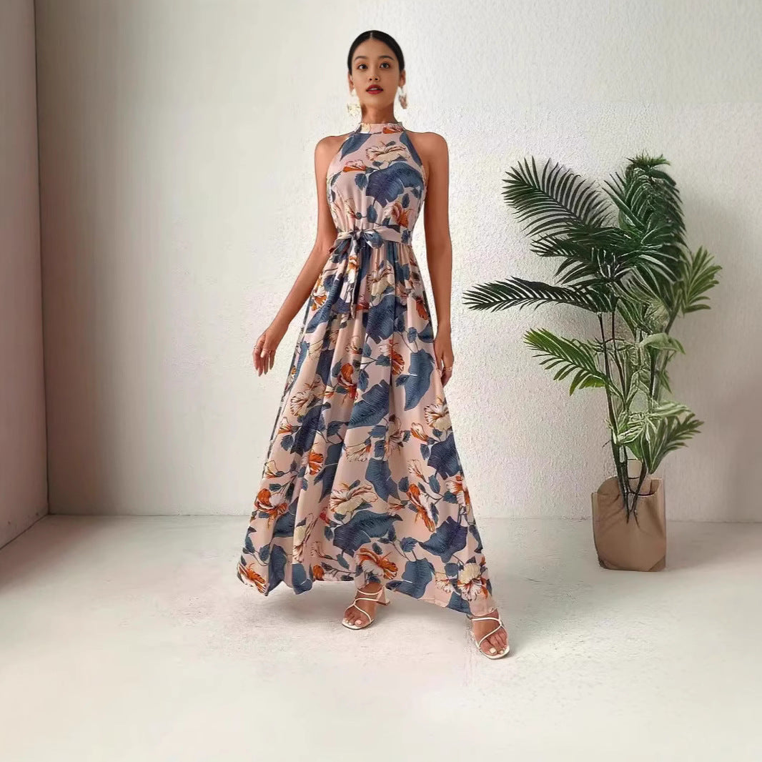 Damen Maxikleid im Boho-Stil mit elegantem Halterneck und seitlichem Bindegürtel WW