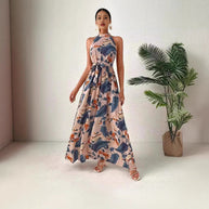 Damen Maxikleid im Boho-Stil mit elegantem Halterneck und seitlichem Bindegürtel WW