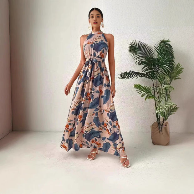 Damen Maxikleid im Boho-Stil mit elegantem Halterneck und seitlichem Bindegürtel WW