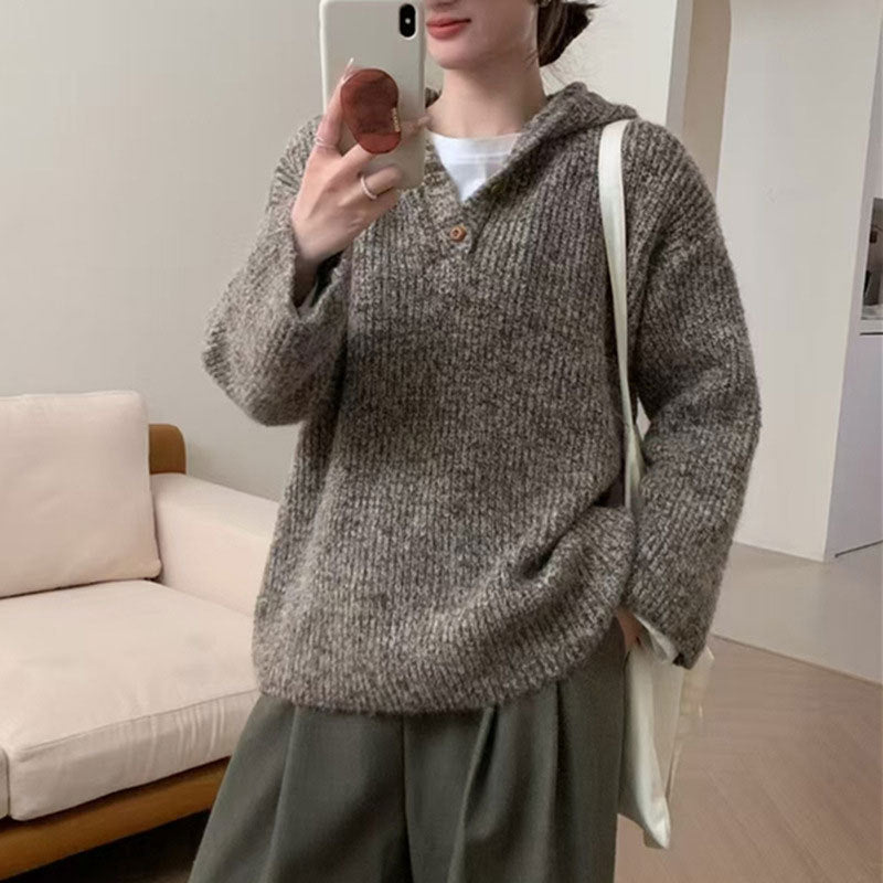 Damen bequemer Strickpullover mit Knopfleiste und Kapuze WW