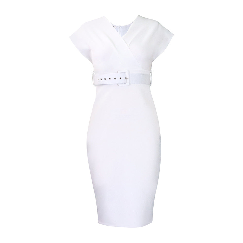 WW | Damen V-Ausschnitt Figurbetontes Midi Kleid mit Gürtel