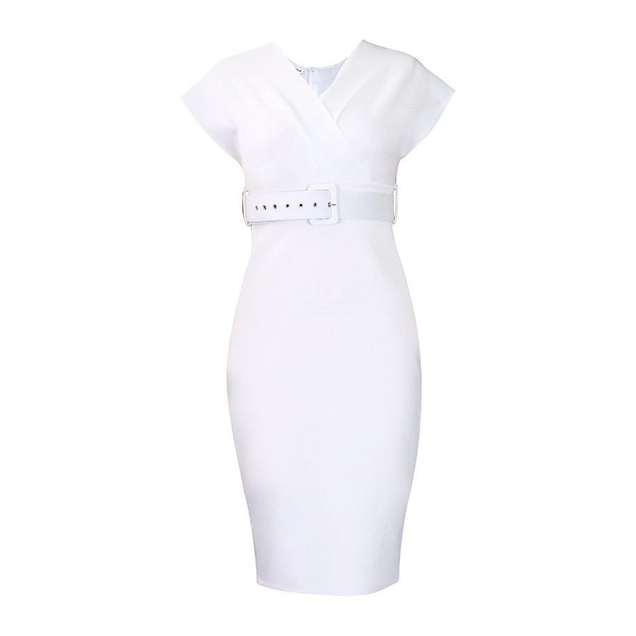 WW | Damen V-Ausschnitt Figurbetontes Midi Kleid mit Gürtel