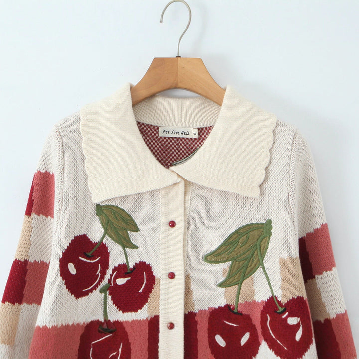 Damen verspielte Cropped Strickjacke mit floralem Kirschmuster W&W Mode