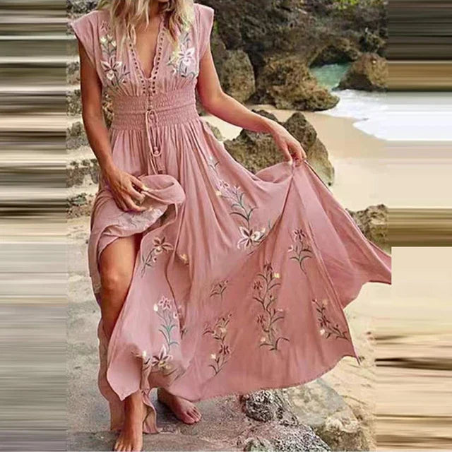 W&W Mode | Bohemian Maxi Kleid Mit V-ausschnitt Und Eleganten Stickereien