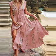 WW | Bohemian Maxi Kleid Mit V-ausschnitt Und Eleganten Stickereien