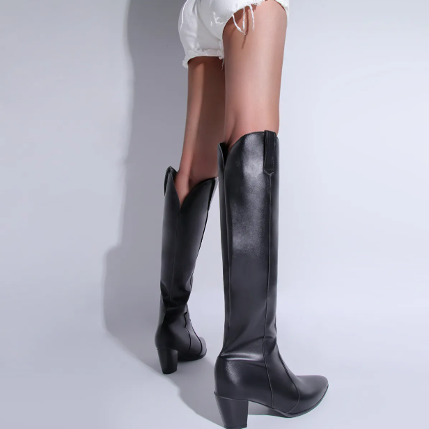 Damen-Kniestiefel mit spitzer Zehenpartie, Blockabsatz und Innenreißverschluss
