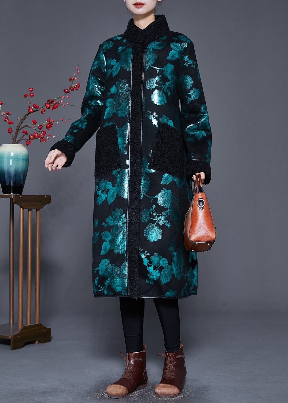 WW | Grüner Druck Dicke Fleece Wolle Gefütterte Mäntel Winter