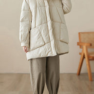 WW | Beigefarbene Kapuzen-Pockets Feine Baumwollgefüllte Puffermäntel Winter