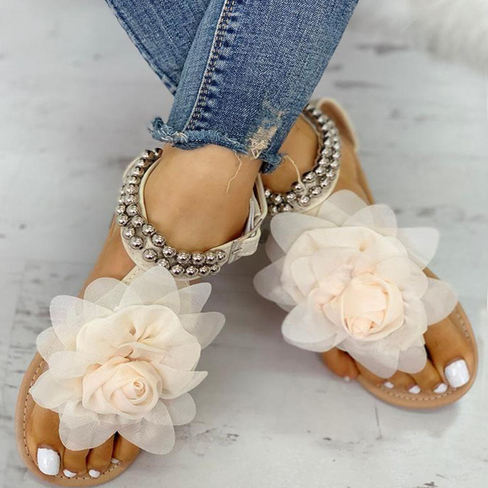 W&W Mode | Bequeme Blumenperlenriemen Flache Sandale
