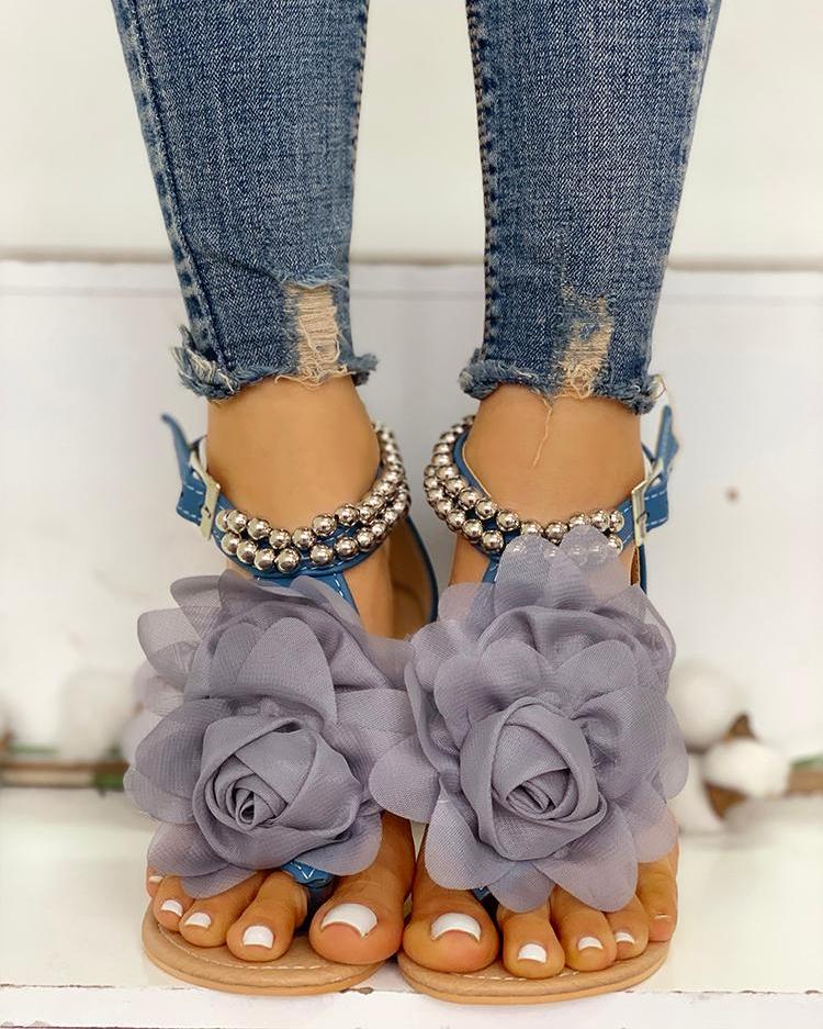 WW | Bequeme Blumenperlenriemen Flache Sandale