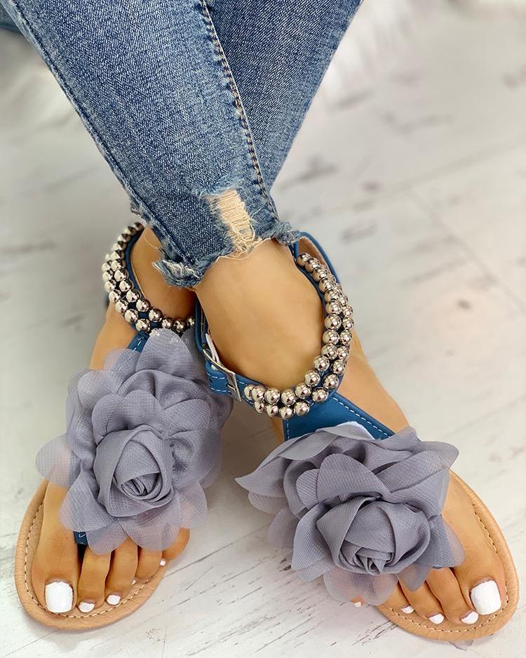 W&W Mode | Bequeme Blumenperlenriemen Flache Sandale