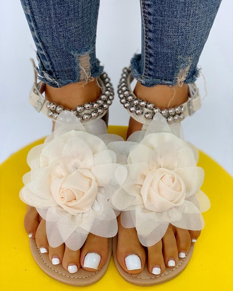 W&W Mode | Bequeme Blumenperlenriemen Flache Sandale