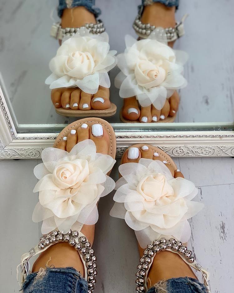 W&W Mode | Bequeme Blumenperlenriemen Flache Sandale