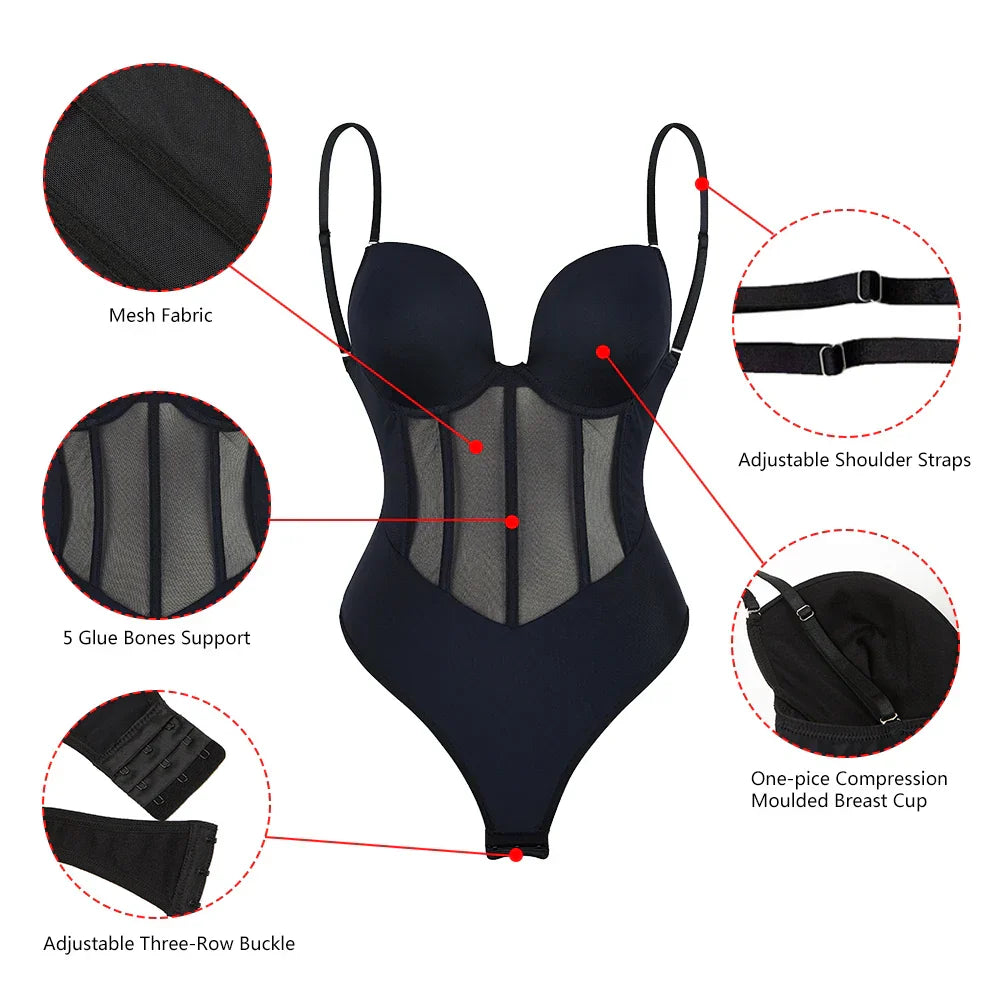 Damen Bauch Kontrolle Tanga schiere Mesh Korsett Top rückenfrei Bodysuit