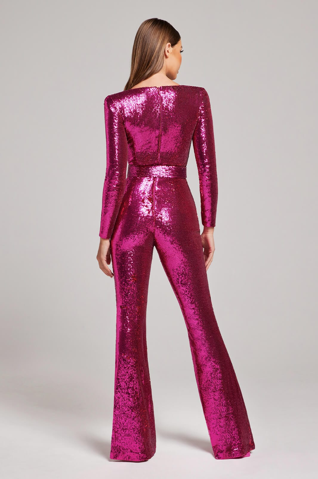 W&W Mode Damen Pailletten Jumpsuit Elegant Party Overall Langarm