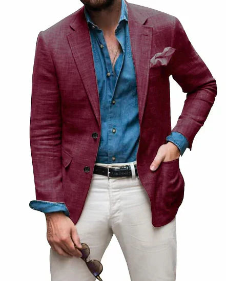 WW | Herren Leinen Blazer Strand Hochzeit Lässig Tailored Fit Solide Farbe Einreihig Zwei Knöpfe