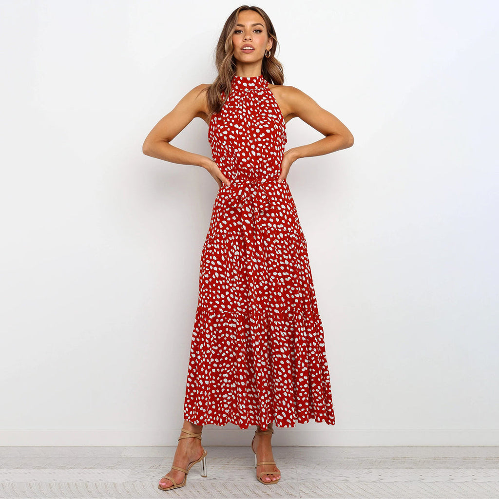 WW | Halsband Kleid Pünktchen Ärmellos Geschichteter Fließender Rock Elegante Passform