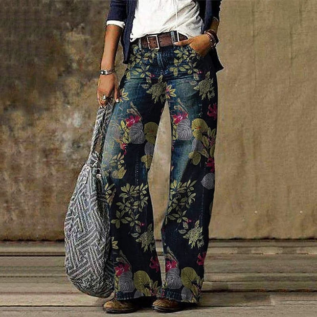 WW | Hose Hochgeschnitten Wide Leg Blumenmuster Luftig und Komfortabel